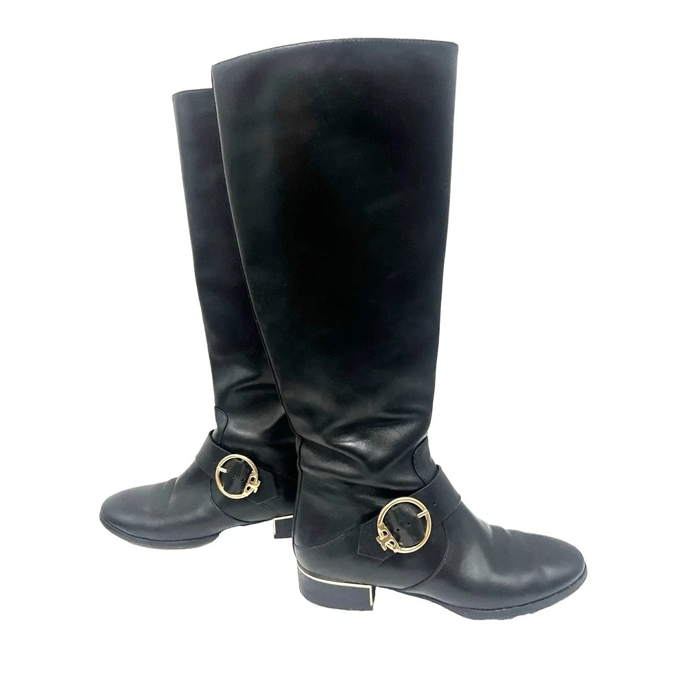 Tory Burch Sophia Black Leather Tall Riding Side Zip Boots 7M Gold Accents Logo
